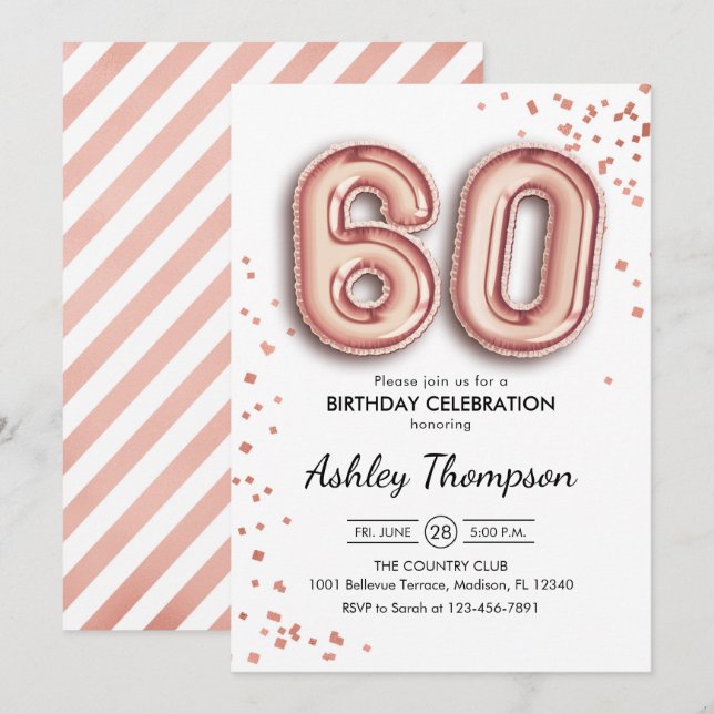 60. Geburtstag - Rose Gold Balloons Einladung (Vorne/Hinten)