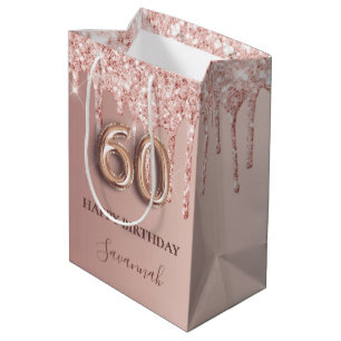 60. Geburtstag Rose Gold Glitzer Rosa Ballon Stil Mittlere Geschenktüte