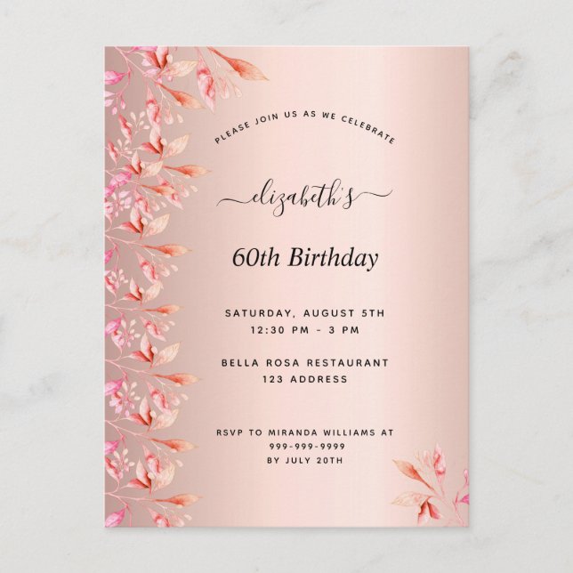 60. Geburtstag Rose Gold Rosa Blumenladen Postkarte (Vorderseite)