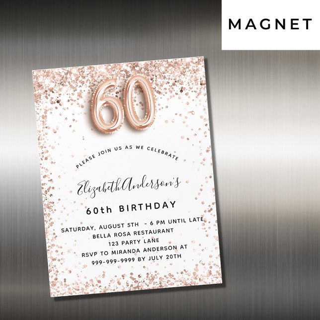 60. Geburtstag Rose Gold weißen Glitzern Luxus Magneteinladung (Von Creator hochgeladen)