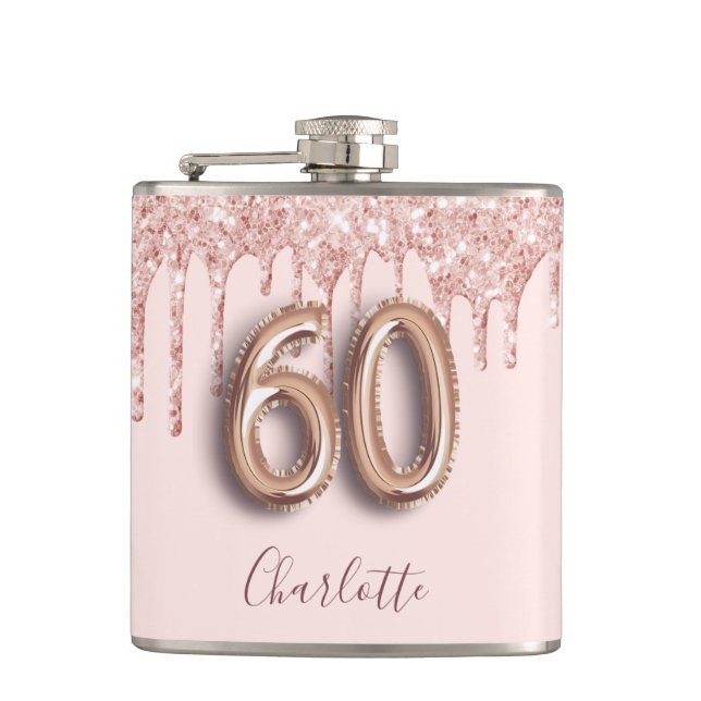 60. Geburtstag Rose Goldbarren Glitzer Blush Name Flachmann (Vorderseite)