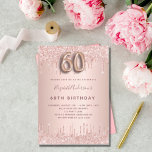 60. Geburtstag Rose Goldpinke Tropfen Einladung<br><div class="desc">Eine moderne,  stilvolle und glamouröse Einladung zu einer 60. Geburtstagsfeier. Eine Rose goldener Hintergrund mit rosa Tropfen aussehen. Der Name ist mit einer modernen dunklen Rose goldfarbenen handgeschriebenen Schreibschrift geschrieben. Personalisieren Sie Ihre Party-Daten und fügen Sie sie hinzu. Nummer 60 wird mit einem Schriftart im Ballonstil geschrieben,  Skript.</div>