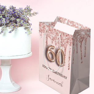 60. Geburtstag Rose Goldrot Glitzer Tropfen Mittlere Geschenktüte