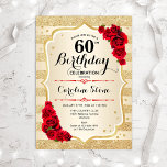 60. Geburtstag - Rose in Gold Streifen Einladung<br><div class="desc">Einladung zum 60. Geburtstag. Elegantes Design in Gold und Rot. Features Imitate Glitzer goldene Streifen,  rote Rosen stilvolle Skript-Schriftart und Konfetti. Ideal für eine gläserne Geburtstagsfeier.</div>