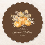 60. Geburtstag Rustic Boho Pumpkin Fall Custom Untersetzer<br><div class="desc">Elegante Orangenkürbis in Aquarellfarben,  eingebettet in eine Vielzahl von Herbstpflanzen und Blume. Ein dunkel,  reich braun gehaltener Hintergrund bildet einen perfekten Rahmen. Ideal für eine Herbstfeier.</div>