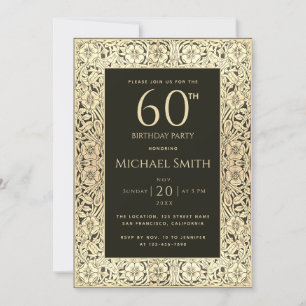 60. Geburtstag Schwarz Gold Blumen Elegant Vintage Einladung