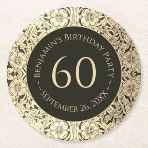 60. Geburtstag Schwarz Gold Elegante Vintage Blume Runder Pappuntersetzer