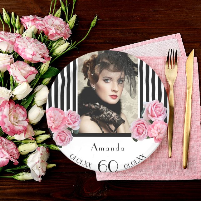 60. Geburtstag Schwarz-weiße Streifen Blumenkohl-F Pappteller (Von Creator hochgeladen)