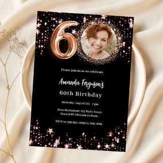60. Geburtstag schwarze Rose Gold Foto Sterne Luxu Einladung