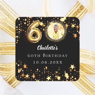 60. Geburtstag Schwarzes Gold Sterne Foto Quadratischer Aufkleber