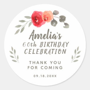 60. Geburtstag Script Watercolor Floral Vielen Dan Runder Aufkleber