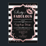 60. Geburtstag - Sechzig fabelhafte Schwarze Rose  Einladung<br><div class="desc">Einladung zum 60. Geburtstag. Elegantes Schwarz-weißes Design mit Imitate Glitzer Rose Gold. Verfügt über rosa Lippen Kuss,  Schwarz-weiße Streifen,  Konfetti und Skript-Schriftart. Ideal für eine elegante Geburtstagsfeier. Sechzig Fabulous! Nachricht,  wenn Sie weitere Anpassungen benötigen.</div>