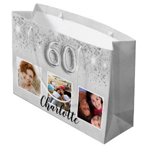60. Geburtstag Silberner Glitzer Foto Große Geschenktüte