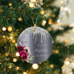 60. Geburtstag Silberner Glitzer Tropfen Blumenbur Keramik Ornament<br><div class="desc">Ein Ornament zum 60. Geburtstag. Ein dunkles Imitat silber metallisch aussehender Hintergrund. Mit dunklen lila und bordeauxfarbenen Blume und Rose rosa, Imitate silberne Glitzer tropfen, Farbe Tropfen aussehen. Vorlagen für einen Namen, Datum und Alter 60. Der Name ist mit einem weißen, modernen, handgeschriebenen Stil geschrieben. Perfekt wie Winterdekoration, Gaumenfreuden, Sake...</div>
