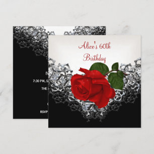 60. Geburtstag Spitze Schwarz Weiß Silber ROT Rose Einladung