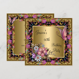 60. Geburtstag Verziert Pink Floral Butterfly Gold Einladung