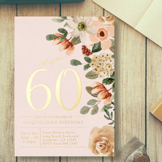 60. Geburtstag Vintager Blumenpeach Folieneinladung
