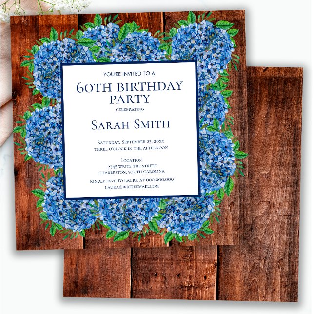 60. Geburtstag Wood Blue Hydrangeas Rustikales Par Einladung (Von Creator hochgeladen)