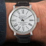 60. Geburtstagsfeier Armbanduhr<br><div class="desc">60. Geburtstagsgucke. Um einen besonderen Geburtstag zu feiern. Ein bedeutender Meilenstein zum Geburtstag mit einer Geburtstagsgeschenkuhr mit dem Namen des Empfängers sowie dem Geburtstag der Sehenswürdigkeit. Saubere und stilvolle römische Zahlen auf weißem Hintergrund. 60. Sechzig Jahre alt. 60. Geburtstagsgeschenkuhr.</div>