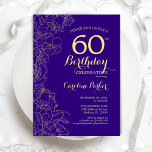 60. Geburtstagsfeier der lila Goldflora Einladung<br><div class="desc">Lila Gold Floral 60. Geburtstagsparty Einladung. Minimalistisch modernes Design mit botanischen Kontur Zeichnungen Akzente,  Imitate Goldfolie und Typografie Drehbuch Schriftart. Einfache,  trendige Einladungskarte für eine stilvolle Damenfeier. Kann für jedes Alter angepasst werden. Gedruckte Zazzle Einladungen oder Sofortdownload digitalen druckbaren Vorlage.</div>