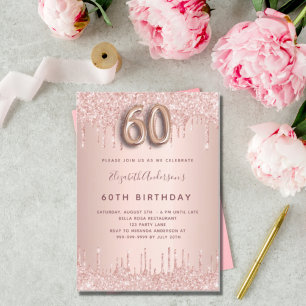 60. Geburtstagsfeier Rose Goldrot Glitzer Tropfen Einladungspostkarte
