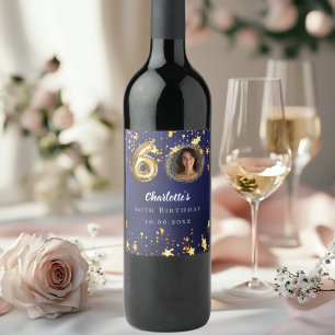 60. Geburtstagsnavy blauen goldenen Sterne Foto Weinetikett