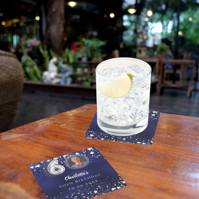 60. Geburtstagsnavy blauen Silberstars Foto Rechteckiger Pappuntersetzer (Von Creator hochgeladen)