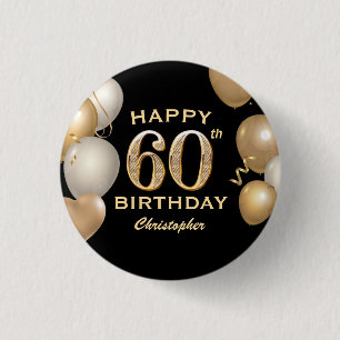 60. Geburtstagsparty Black and Gold Ballons Button