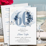 60. Geburtstagsparty Coastal Blue Floral Number 60 Einladung<br><div class="desc">60. Geburtstagsfeier mit der Nummer 60,  die mit Rose,  Blüten der Blume und Blättern in den Farbtönen Küstenblau und Sand dekoriert ist. Feines feminines und elegantes Design mit floralen Wasserfarben,  Spritzern und Pinselstrichen. Perfekt für 60-jährige Jubiläumsfeiern mit Küstenstreifen,  Strandhaus,  Seeufer oder Wasserfront.</div>