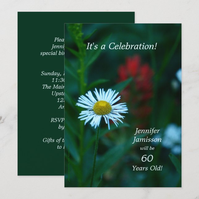 60. Geburtstagsparty Einladungen White Daisy Blume (Vorne/Hinten)