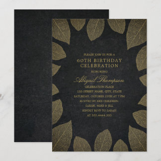 60. Geburtstagsparty Elegante Black Gold Blätter Einladung