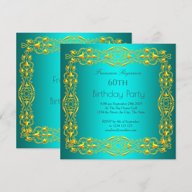 60. Geburtstagsparty Gold Aquamarine Einladung (Vorne/Hinten)