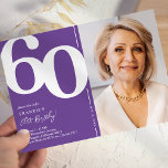 60. Geburtstagsparty im lila Foto Einladung<br><div class="desc">Mit diesen trendigen lila und weißen Geburtstagsfeierlichkeiten schaffen Sie bei Ihrem 60. Geburtstagsbash nachhaltige Erinnerungen! Diese Einladungen mit einem großen, fetten Serif-Schriftart, der die Nummer '60', ein Foto des Geburtstagsjungen / -mädchens und eine moderne Vorlage zeigt, die leicht zu personalisieren ist, werden den Geist des Ereignisses einfangen. Mit ihrem einzigartigen...</div>
