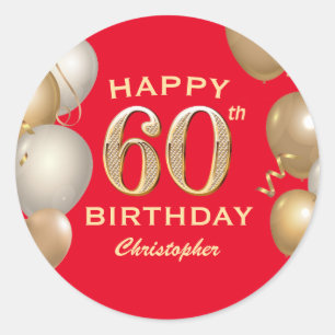 60. Geburtstagsparty Rot und Gold Ballons Runder Aufkleber