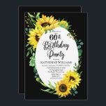 60. Geburtstagsparty Sonnenblume | Eukalyptus Flor Einladung<br><div class="desc">Klassische und stilvolle,  moderne Sonnenblumen und Eukalyptus-Grünrahmen-Design "60th Birthday Party" auf einem bearbeitbaren schwarzen Hintergrund. Zurück befindet sich ein passender Sonnenblumenstrauß,  auch auf einem bearbeitbaren schwarzen Hintergrund.</div>
