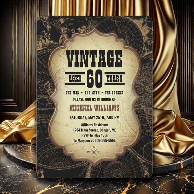 60. Geburtstagsparty Vintages Thema Weltkarte Einladung (60th Birthday Party Invitation for Men with a trendy Vintage theme.
)