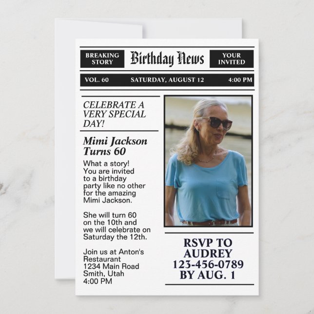 60. Geburtstagszeitung Einladung (Vorderseite)