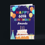 60. Happy Birthday Balloons Cake Navy Blue Karte<br><div class="desc">60. Happy Birthday farbenfrohe Balloons Cake Navy Blue mit personalisiertem Namen. Für weitere Anpassungen klicken Sie bitte auf die Schaltfläche "Anpassen" und verwenden Sie unser Designwerkzeug,  um diese Vorlage zu ändern.</div>