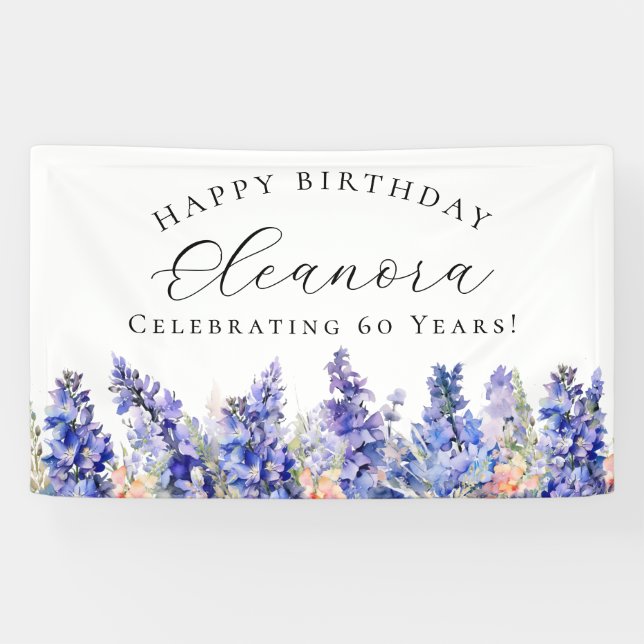 60. Happy Birthday Banner Blue July Birth Blume (Horizontal)