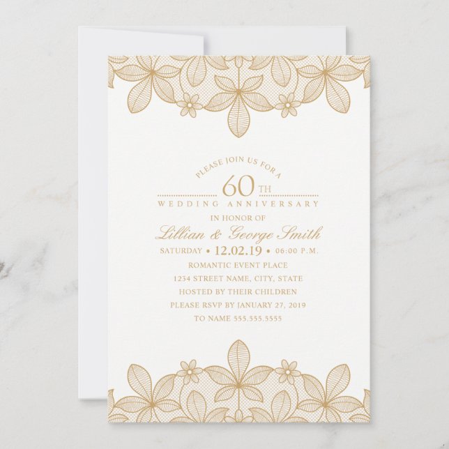 60. Hochzeit Jubiläum Elegant Golden Lace Einladung (Vorderseite)