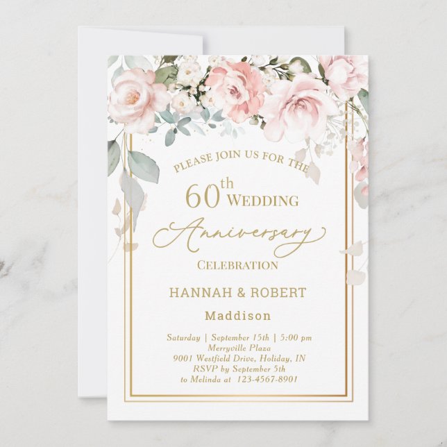 60. Hochzeit Jubiläum Weißrosa Rosen Einladung (Vorderseite)