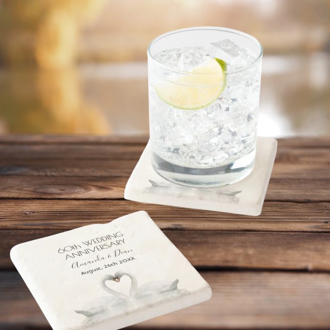 60. Hochzeitstag romantische weiße Schwäne Steinuntersetzer (Von Creator hochgeladen)