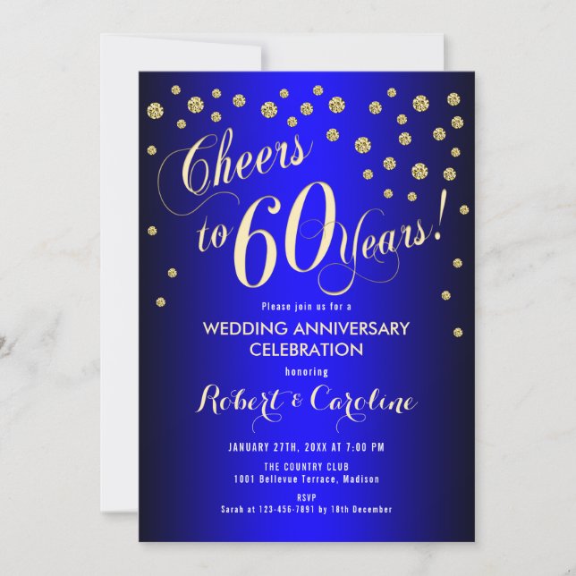 60. Hochzeitstag - Royal Blue & Gold Einladung (Vorderseite)