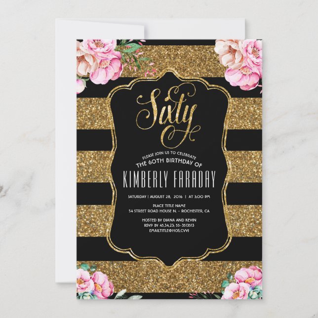 60 Invitations de fête d'anniversaire - Floral Gol (Devant)