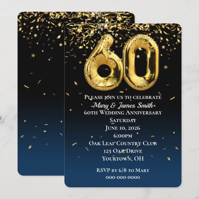 60 Jahre Gold Balloons Confetti Einladung (Vorne/Hinten)