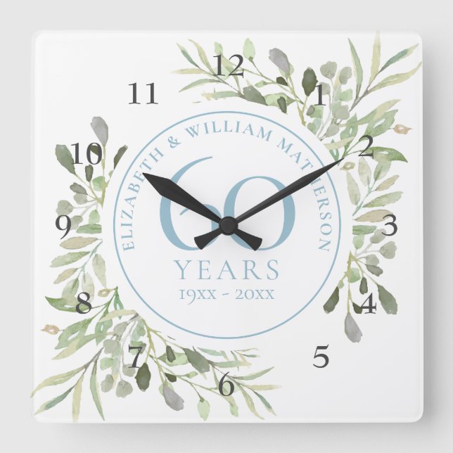 60. Jubiläum Aquarellblume Quadratische Wanduhr (Vorderseite)