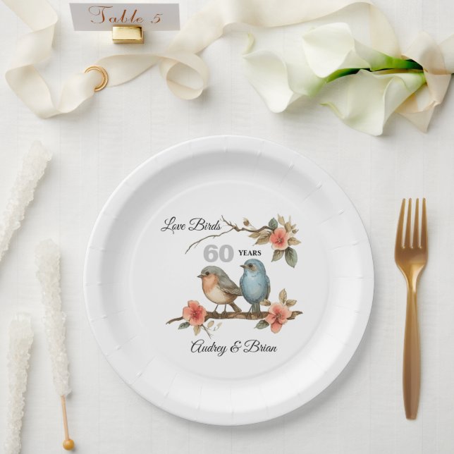 60. Jubiläum Love Birds Personalisiert Pappteller (Hochzeit)