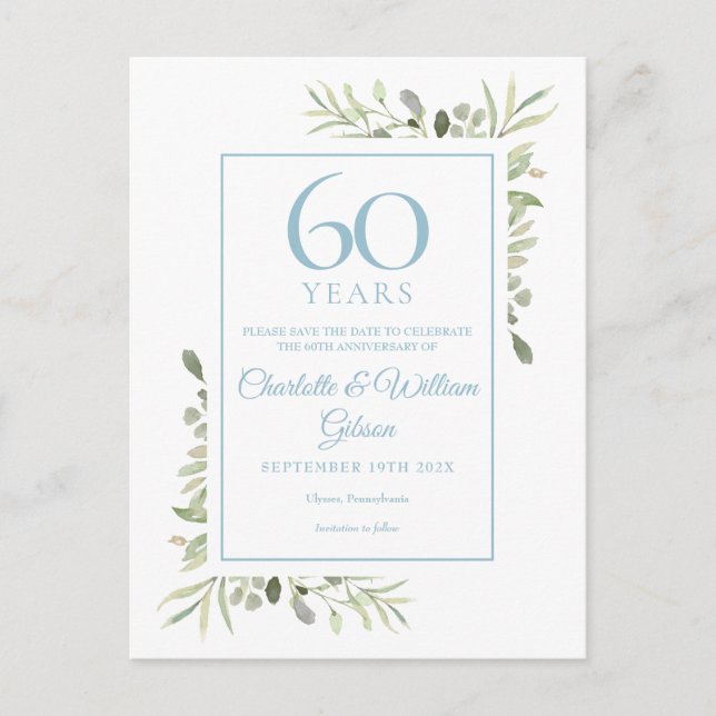60. Jubiläum Save the Date Aquarellblume Ankündigungspostkarte (Vorderseite)
