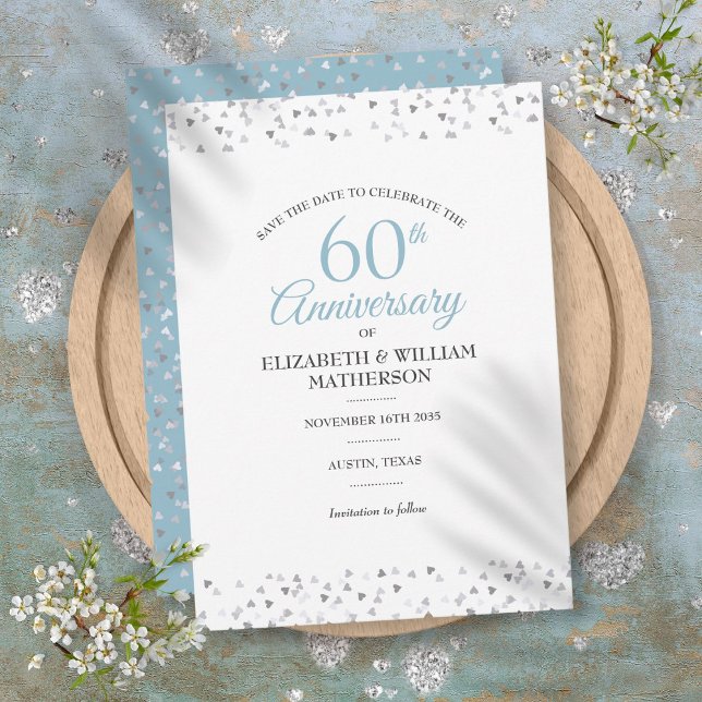 60. Jubiläum Save the Date Hearts Confetti Einladung (60th Anniversary Save the Date Hearts Confetti Invitation)