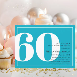 60. Modern Aqua und White Script Geburtstag Einladung